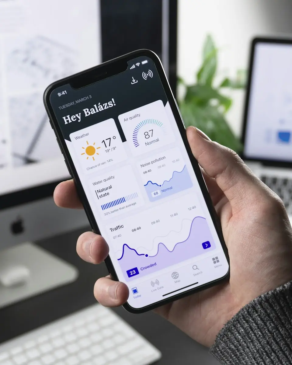 A hand holding a phone with an app dashboard of live charts, a laptop and desktop behind it