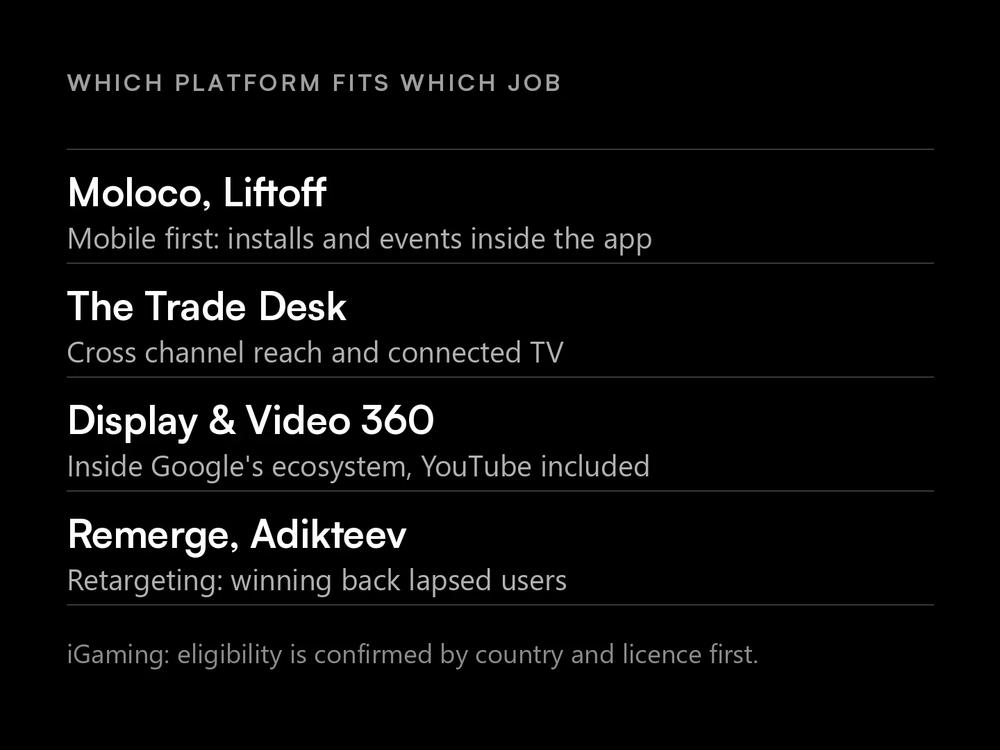Programmatic platforms compared for mobile app user acquisition: Moloco, Liftoff, The Trade Desk and DV360