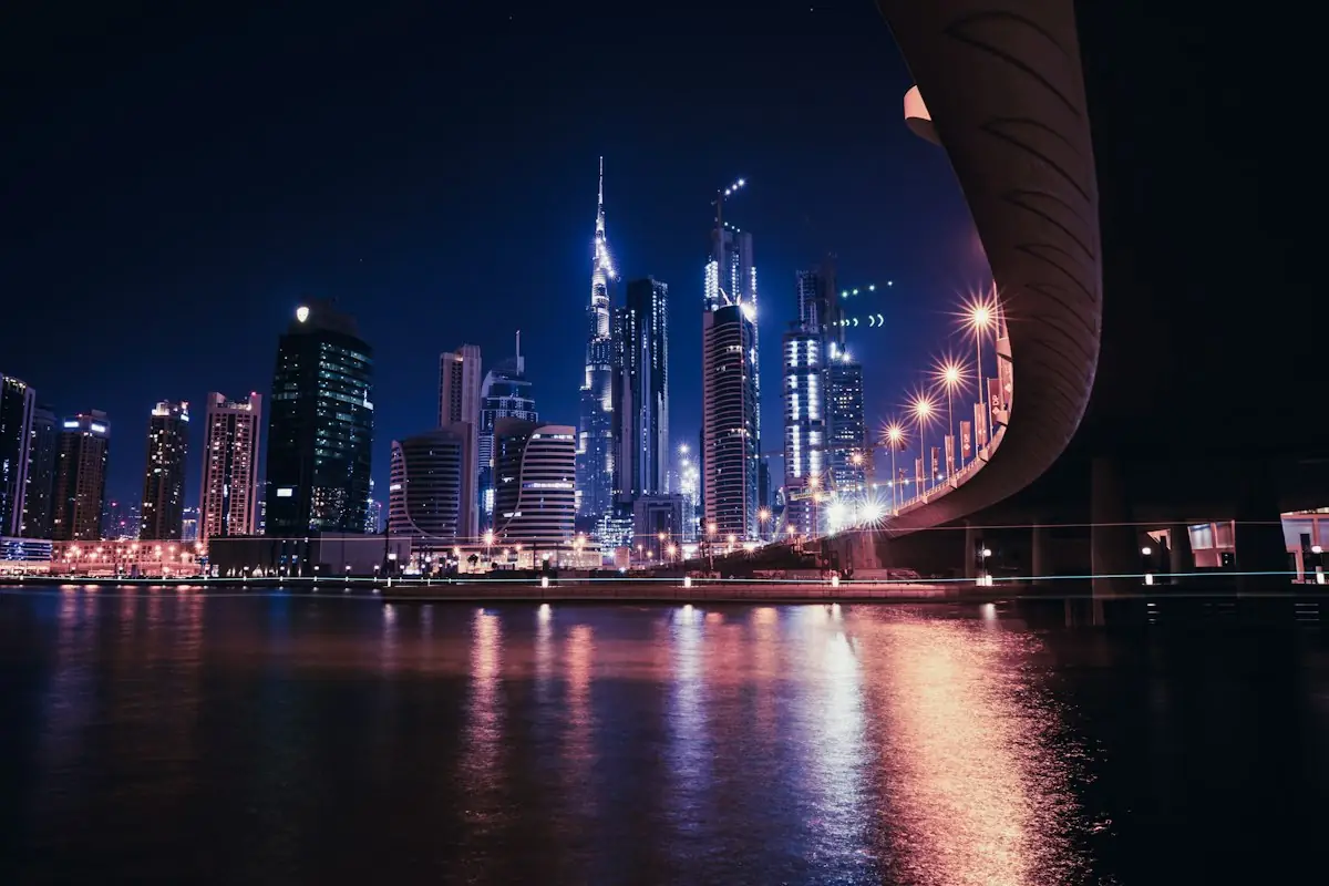 The Dubai skyline across the water at night
