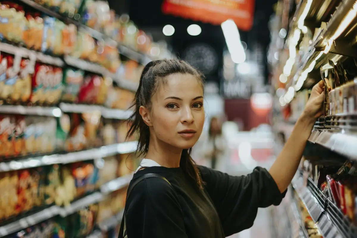 A woman shopping in a supermarket aisle