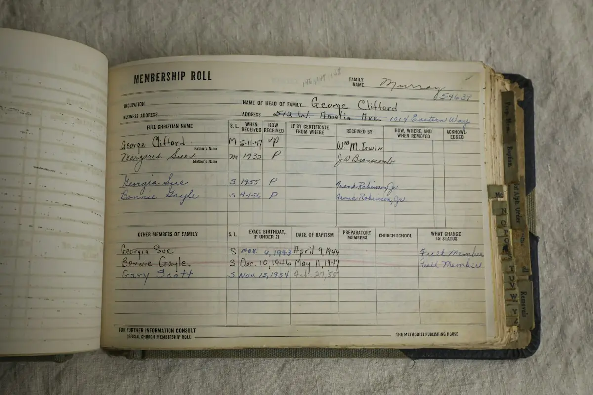 An old handwritten ledger open on a table