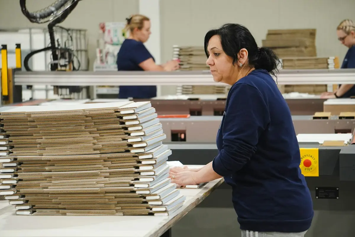 A woman at work in a packing and print workshop