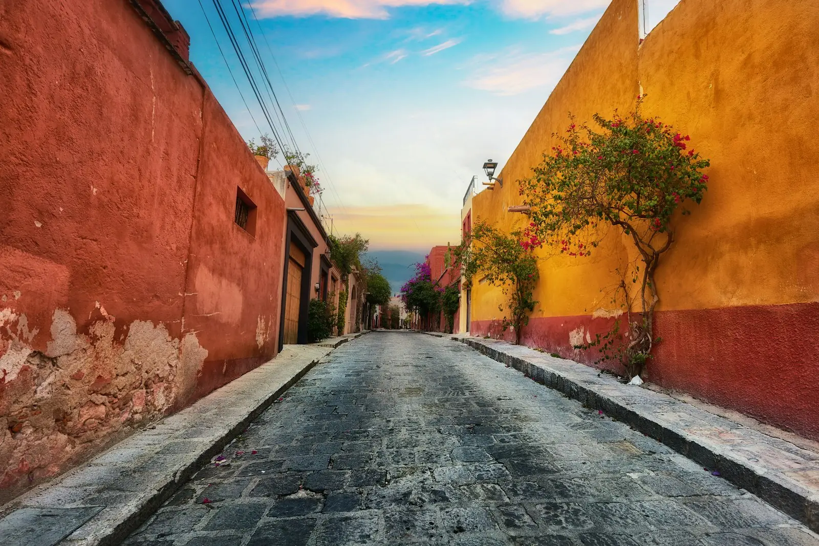 A colourful street lined with painted houses