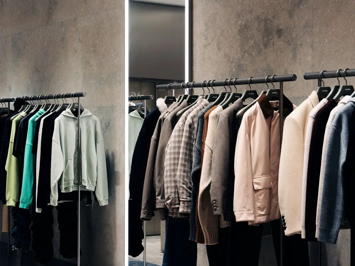 Racks of shirts and trousers in a clothing store