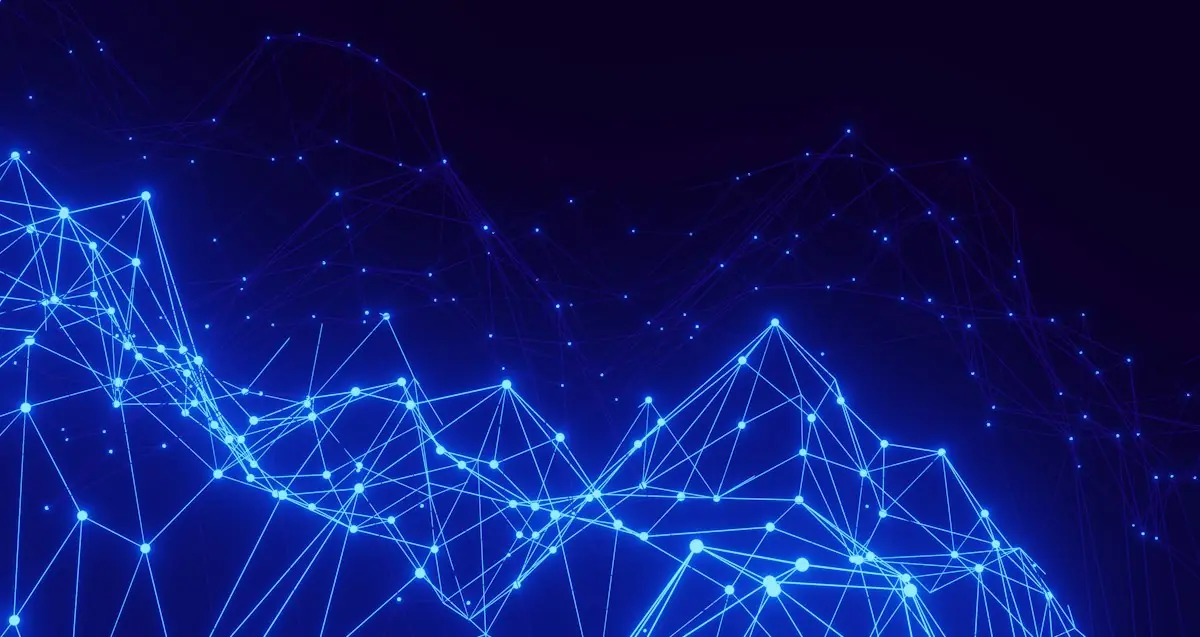 A blue network of glowing lines and dots