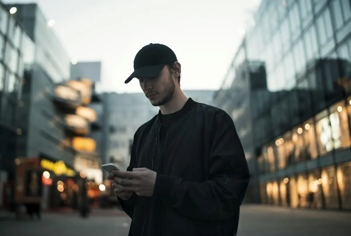 A man in a cap using his phone on a city street