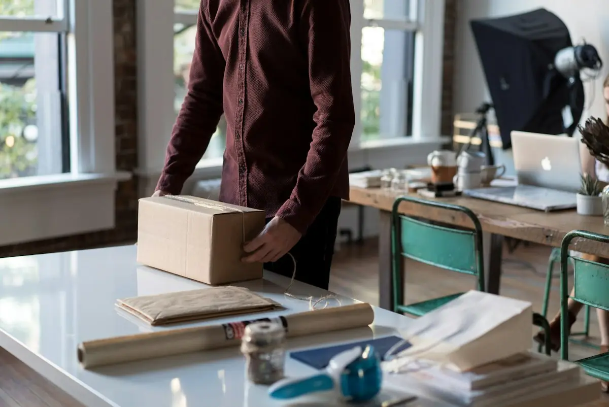 A man packing a parcel at his desk
