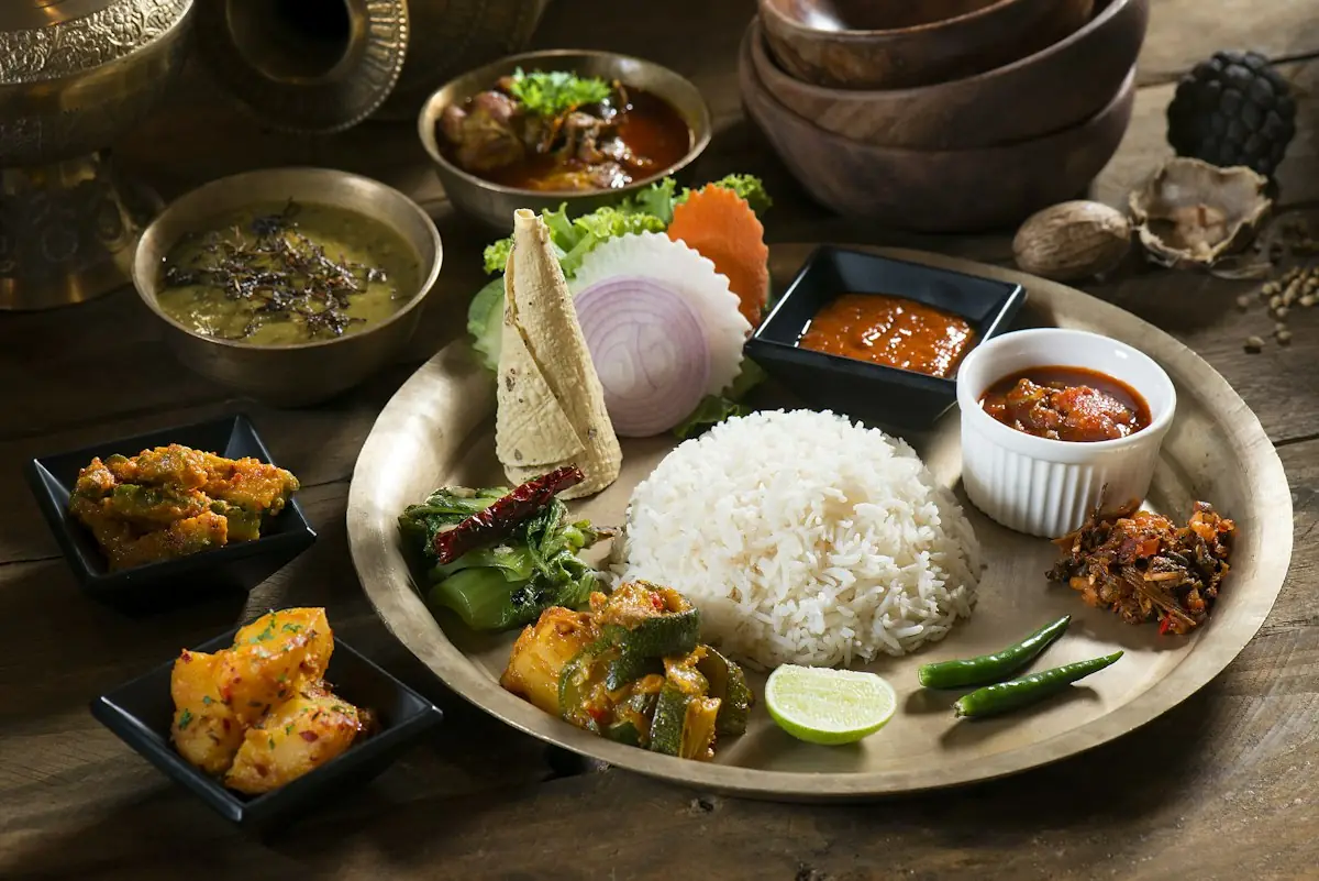 A thali of rice, curries and sides