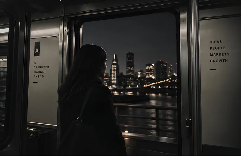 A traveller on a night train looking out at a city skyline