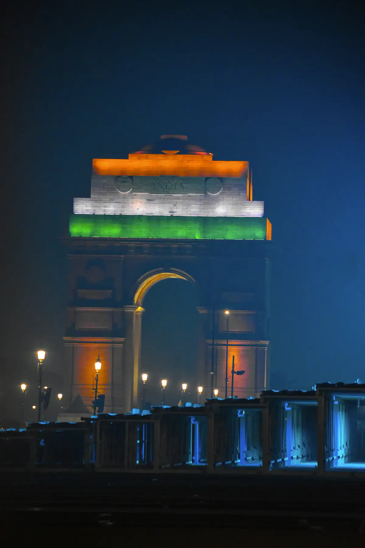 India Gate lit at night, New Delhi